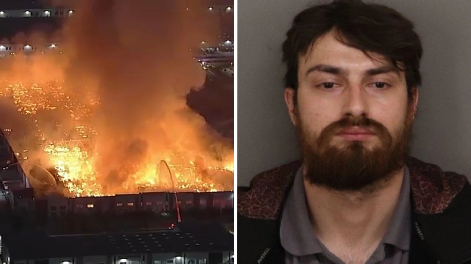 Mugshot and blazing flames of Kimberly-Clark warehouse fire