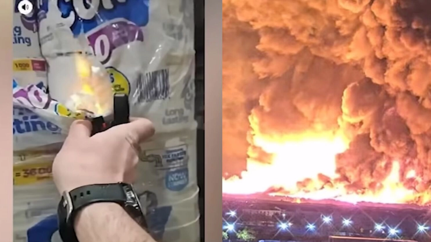 Man starts warehouse fire by lighting toilet paper.